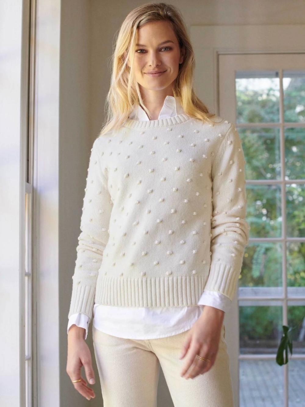 White + Warren - Sustainable Cotton Bobble Stitch Sweater White M
